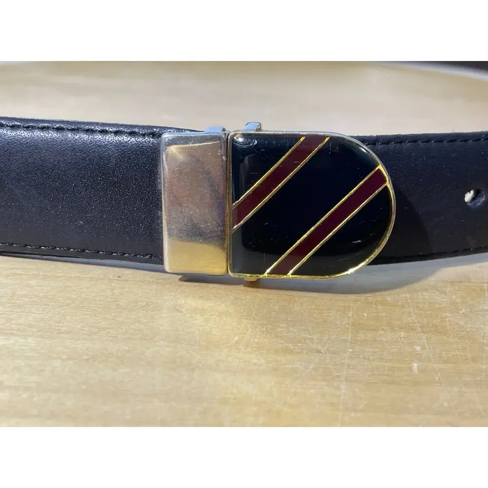 Vintage Ibex Brown Leather Belt Men's 46 Gold Enamel Striped Buckle Preppy Twee